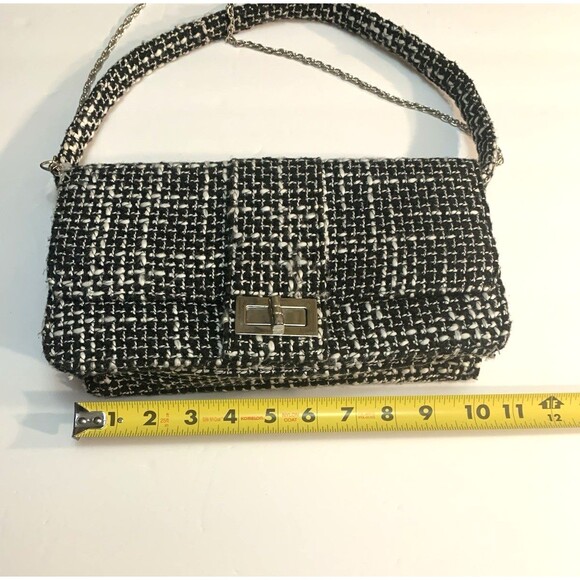 Wild Rose Tweed Handbag Black White Top Handle Removeable Silver Crossbody Chain - Picture 13 of 15